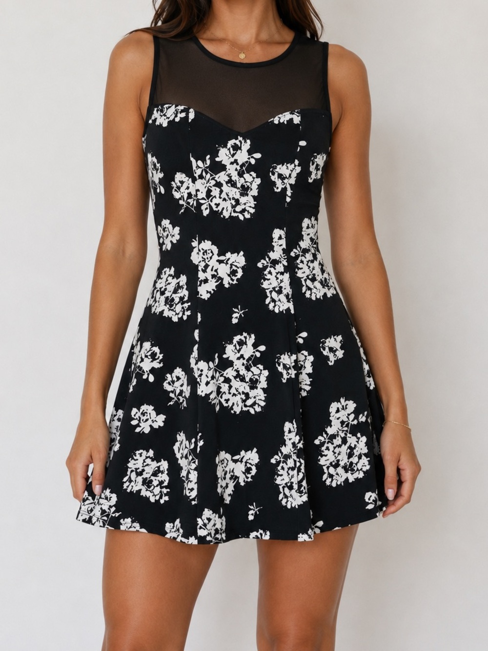Sears Black & White Floral Fit & Flare Dress Mesh Yoke Sleeveless Skater Mini